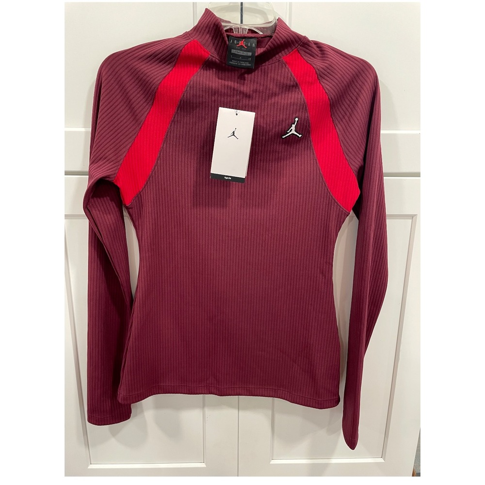 NWT Jordan Women's S Long Sleeve Ribbed Fitted Top Burgundy Red Athletic
